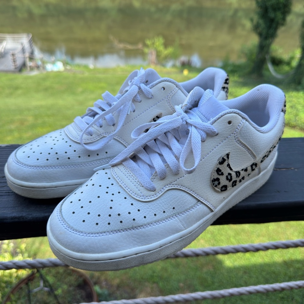 White Nike Sneakers with Leopard Print Swoosh